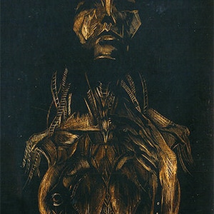 May include: A gold-toned, abstract sculpture of a person with a detailed face and a textured, metallic body.