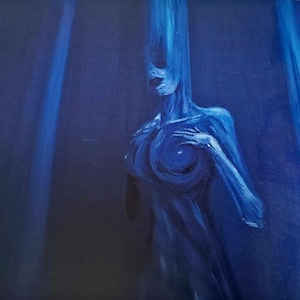 May include: A blue abstract painting of a figure with a swirling blue orb in the center of their chest.