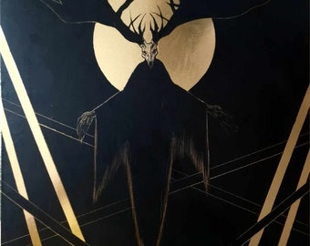 May include: A black and gold illustration of a skeletal figure with large antlers, standing in front of a gold moon. The figure is surrounded by gold lines on a black background.
