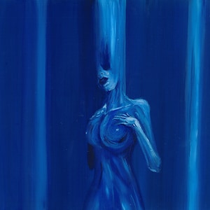 May include: A blue abstract painting of a figure with a long, thin neck and a single breast. The figure is standing in front of a blue background with vertical lines.