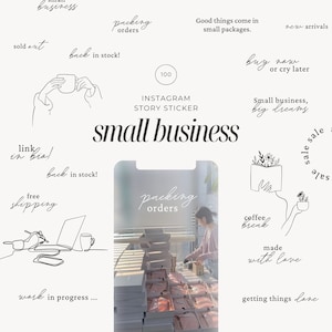 May include: A set of Instagram story stickers designed for small businesses. The stickers include phrases such as "packing orders", "back in stock!" and "coffee break".