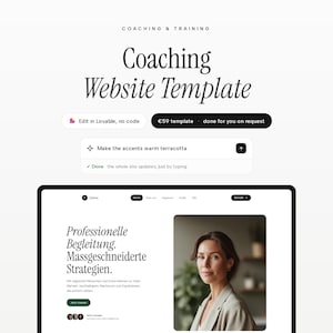May include: A digital coaching website template featuring the text Coaching & Training and Coaching Website Template. The interface includes buttons for editing, a prompt box for colour changes, and a preview of a landing page with German text.