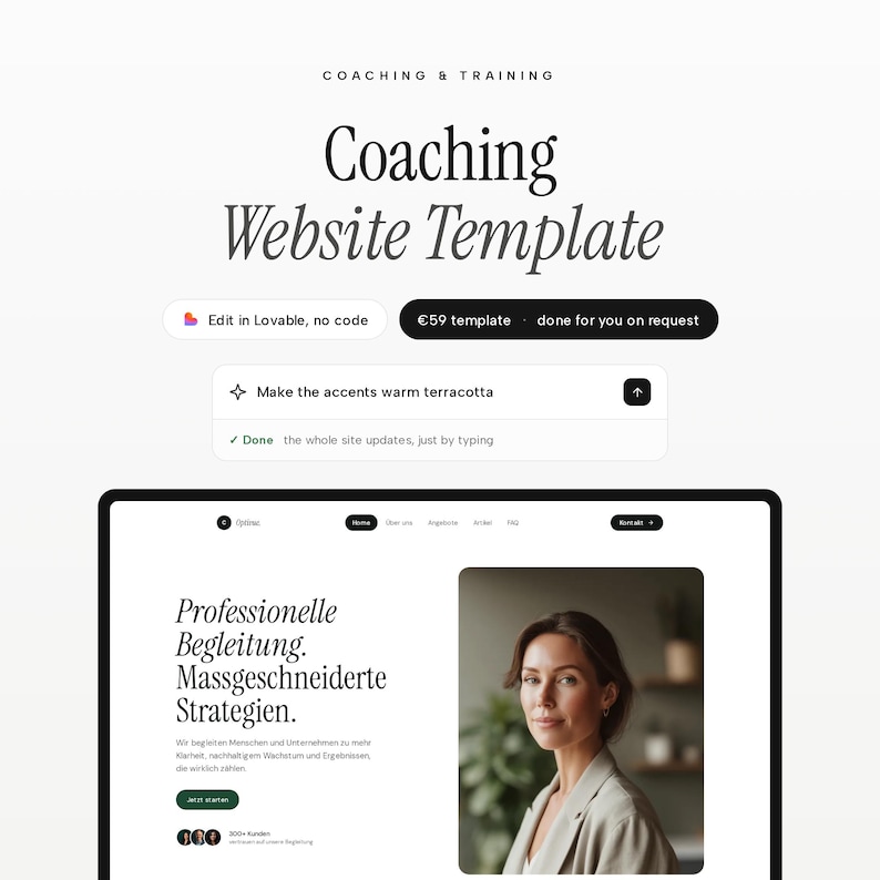 May include: A digital coaching website template featuring the text Coaching & Training and Coaching Website Template. The interface includes buttons for editing, a prompt box for colour changes, and a preview of a landing page with German text.