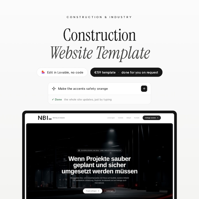 May include: A digital construction website template featuring the text Construction & Industry and Construction Website Template. It includes an interface for editing in Lovable, a prompt box to make accents safety orange, and a website preview.