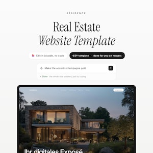 Könnte beinhalten: Eine digitale Benutzeroberfläche mit einer Immobilien-Website-Vorlage namens Residence. Der Bildschirm zeigt ein modernes Steinhaus in der Abenddämmerung mit Textelementen wie Edit in Lovable, no code und einer Aufforderung zur Farbanpassung.
