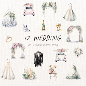 17 imágenes prediseñadas de acuarela de boda: novia, novio, arcos, PNG, licencia comercial, éxito de ventas, boho, descarga digital, arte, planificador, imprimible