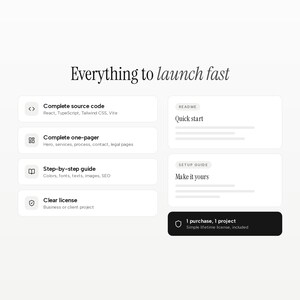 May include: A digital product feature list titled Everything to launch fast, including Complete source code, Complete one-pager, Step-by-step guide, and Clear license. It also displays a README Quick start box, a SETUP GUIDE Make it yours box, and a 1 purchase, 1 project license box.