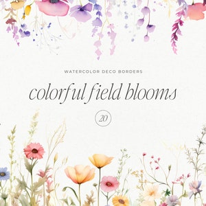 Bordures florales aquarelles colorées : Anniversaire - Fleurs sauvages - Clipart fleurs aquarelle - Bordures préfabriquées - Faire-part de mariage