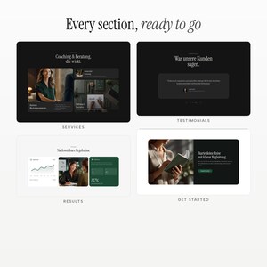 May include: A digital layout display featuring four distinct website sections titled Services, Testimonials, Results, and Get Started. The design uses a dark colour palette with white text, showcasing various business-oriented imagery and data charts.
