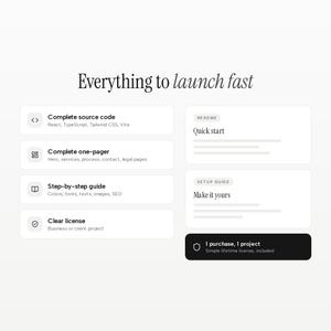 May include: A digital product feature list titled Everything to launch fast, including Complete source code, Complete one-pager, Step-by-step guide, and Clear license. It also displays a README Quick start box, a SETUP GUIDE Make it yours box, and a 1 purchase, 1 project license box.