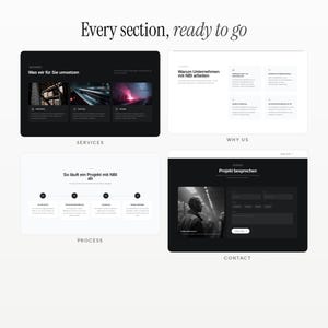 May include: A digital layout presentation titled Every section, ready to go, featuring four distinct website modules labeled Services, Why Us, Process, and Contact. Each section displays text in German, including headers like Was wir f&uuml;r Sie umsetzen.