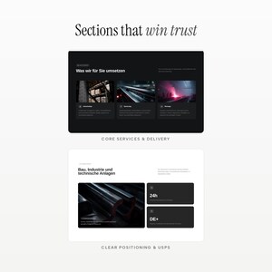 May include: A digital interface display featuring the text Sections that win trust, Was wir f&uuml;r Sie umsetzen, Core services & delivery, Bau, Industrie und technische Anlagen, 24h, DE+, and Clear positioning & USPs, presented in a dark and light layout.