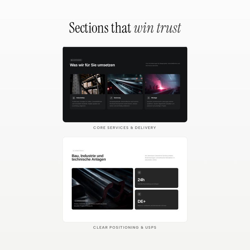 May include: A digital interface display featuring the text Sections that win trust, Was wir f&uuml;r Sie umsetzen, Core services & delivery, Bau, Industrie und technische Anlagen, 24h, DE+, and Clear positioning & USPs, presented in a dark and light layout.