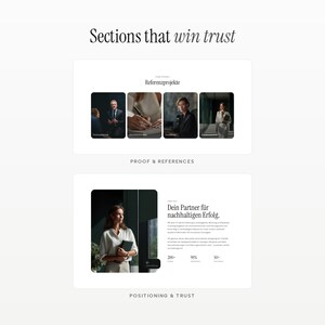 May include: A digital layout titled Sections that win trust featuring two sections. The top section displays four images under the heading Referenzprojekte. The bottom section shows a person holding a book next to the text Dein Partner f&uuml;r nachhaltigen Erfolg.