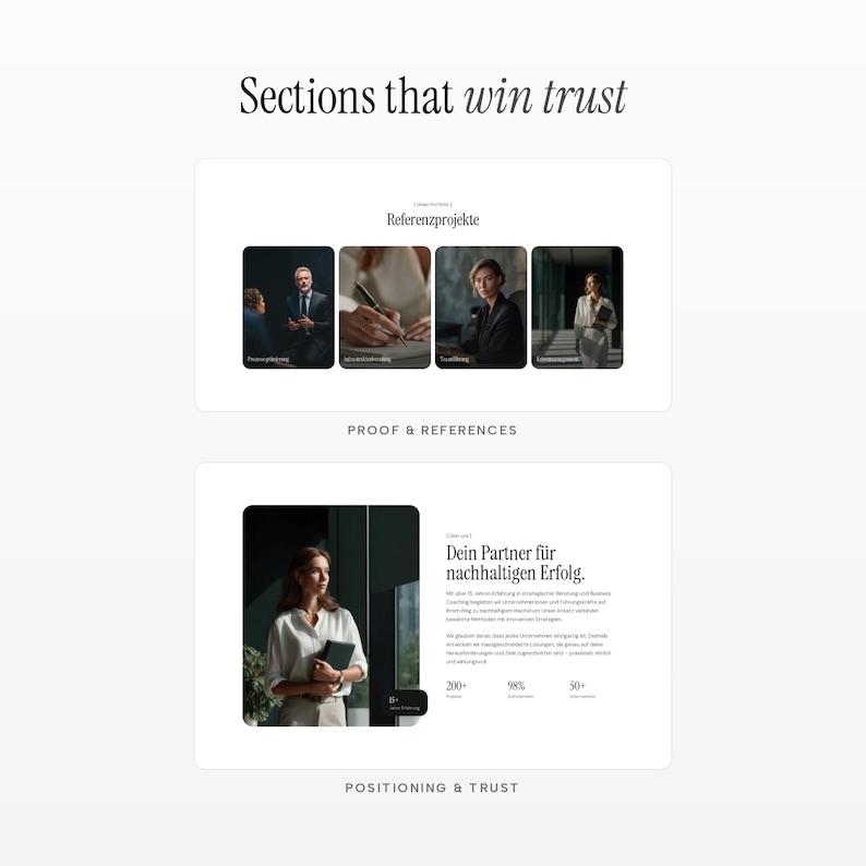 May include: A digital layout titled Sections that win trust featuring two sections. The top section displays four images under the heading Referenzprojekte. The bottom section shows a person holding a book next to the text Dein Partner f&uuml;r nachhaltigen Erfolg.