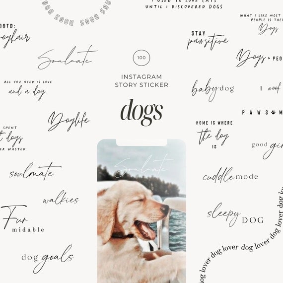 100 Dogs  Instagram Story Sticker: digital download png letterings words quotes paw pet white black set bestseller clipart aesthetic puppy