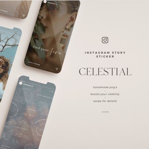 以下が含まれることがあります： 天体モチーフのInstagramストーリー用ステッカーセット。ステッカーには、月、星、その他の天体のイラストが描かれています。また、「find your fire」と「go out and paint the town」のテキストも含まれています。