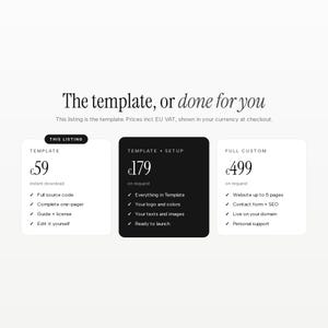 May include: A digital service comparison chart titled The template, or done for you. It lists three options: Template for 59, Template + Setup for 179, and Full Custom for 499. Each column details specific features like source code, setup, and support.