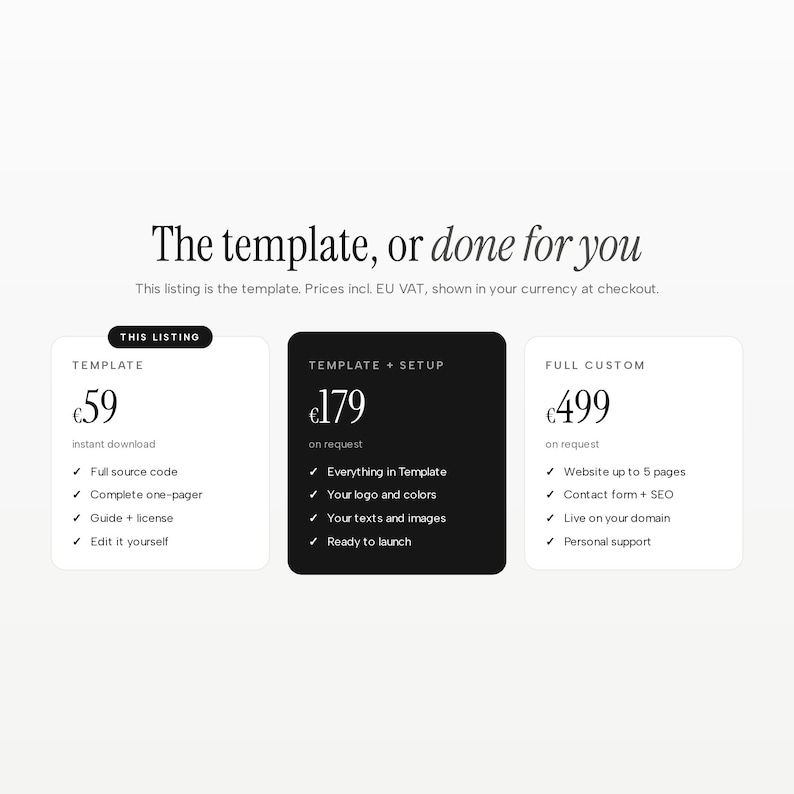 May include: A digital service comparison chart titled The template, or done for you. It lists three options: Template for 59, Template + Setup for 179, and Full Custom for 499. Each column details specific features like source code, setup, and support.