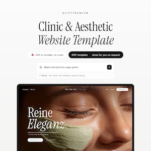 Op de afbeelding: Een website-sjabloon getiteld Clinic & Aesthetic Website Template door QUIETPREMIUM. Het toont een voorbeeld van een landingspagina voor ASTHETIK met een close-up van een gezicht met een groen kleimasker en de Duitse tekst Reine Eleganz.