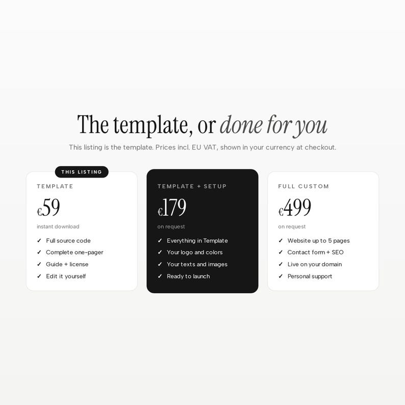 May include: A digital service comparison chart titled The template, or done for you. It lists three options: Template for 59, Template + Setup for 179, and Full Custom for 499. Each column details specific features like source code, setup, and support.