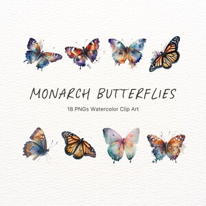 15 PNG Monarch Butterfly Watercolor Clipart: Digital Bundle, Commercial License, PNG, Painting, Summer, Transparent, Floral, Paper Craft