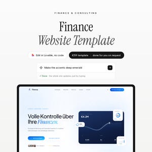 May include: A digital finance website template featuring the text Finance Website Template, Edit in Lovable, no code, and a preview of a website interface with a dark blue dashboard showing financial data, charts, and the text Volle Kontrolle über Ihre Finanzen.