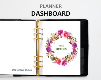 Spring Printable Planner Dashboard, Pink Floral Wreath Planner Insert, USLetter- Half Letter - A5 - Happy Planner- Personal - A4 - goodnotes