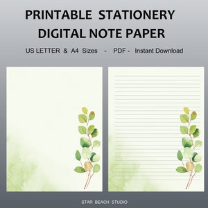Könnte beinhalten: Druckbares digitales Notizpapier mit einem Aquarell-Eukalyptus-Design. Das Papier ist in den Größen US Letter und A4 erhältlich. Das Design zeigt grüne und braune Blätter und Stiele. Der Text auf dem Bild lautet "PRINTABLE STATIONERY DIGITAL NOTE PAPER".