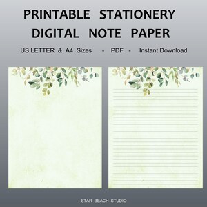 Papel imprimible de hojas de eucalipto, papel digital verde para notas, papel de carta con y sin rayas con borde verde, tamaño carta (EE. UU.) - A4.
