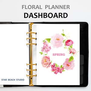 Frühlingsblumen-Planer-Dashboard zum Ausdrucken, rosa Pfingstrosen-Planereinlagen, USLetter – halber Buchstabe – A5 – Happy Planner – persönlich – A4 PDF-Größen