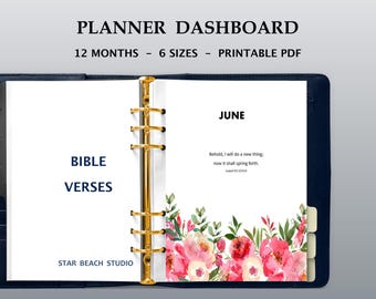 12 Month Bible Verses Planner Dashboards Printable, Floral dividers, US Letter-A5- Half Letter- Happy Planner -Personal -A4 Sizes, goodnotes