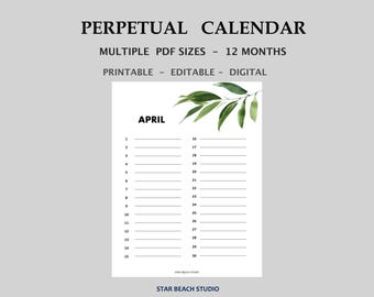 Botanischer Ewiger Kalender Druckbare, bearbeitbare PDF für Geburtstag - Jubiläumskalender, Brief A4 A5 Half Letter Mittlere Größen, Goodnotes