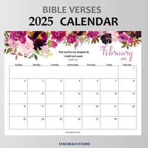 Calendario 2025 IMPRIMIBLE, Planificador mensual floral con versículos bíblicos de los Salmos, Calendario cristiano de pared o de escritorio, Inicio en domingo, Tamaño carta A4, goodnotes
