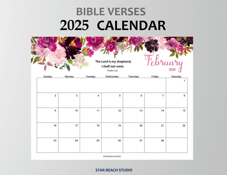 2025 Calendar PRINTABLE, Psalms Bible Verse Floral Monthly Planner ...