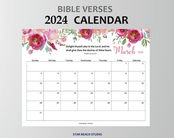 2024 Calendar PRINTABLE, Floral Bible Verse Monthly Planner, Christian Wall - Desk Calendar, Sunday Start, Letter & A4 Sizes, goodnotes