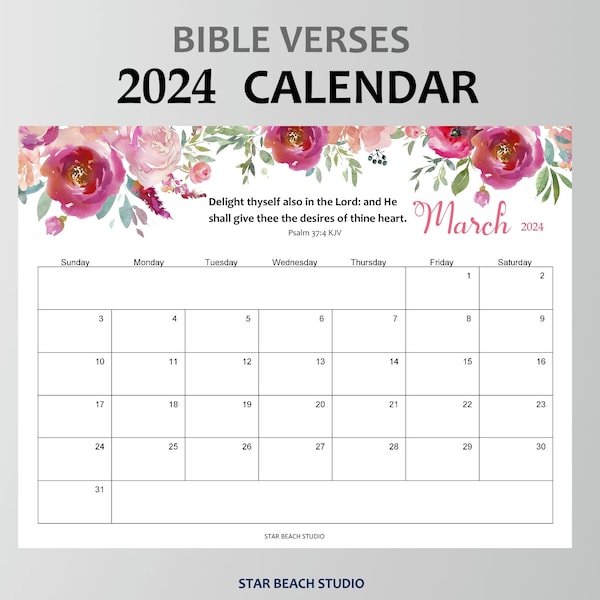 2024 Calendar PRINTABLE, Floral Bible Verse Monthly Planner, Christian Wall - Desk Calendar, Sunday Start, Letter & A4 Sizes, goodnotes