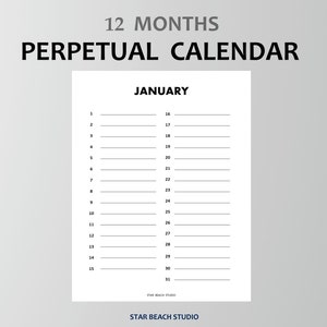 Perpetual Calendar Printable, Birthday Anniversary Annual events Calendar, Minimal Planner Insert, Letter A4 A5 Half Letter sizes, goodnotes