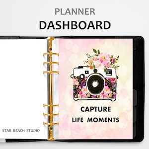 Kamera-Planer-Dashboard druckbare, rosa Blumen-Planereinlage, US Letter- Half Letter - A5- Happy Planner- Personal - A4 PDF Sizes