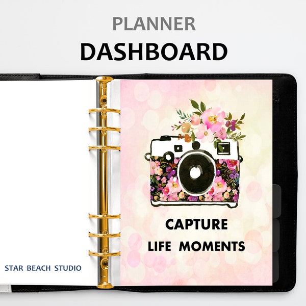 Camera Planner Dashboard Printable, Pink Floral Planner Insert, US Letter- Half Letter - A5- Happy Planner- Personal - A4  PDF Sizes