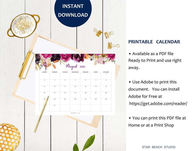 2026 Kalender DRUCKBAR, bearbeitbares PDF, 12-monatiger digitaler Blumenplaner, Wand-Tischkalender, Sun Start, Letter - A4-Größe, Goodnotes Bild 6