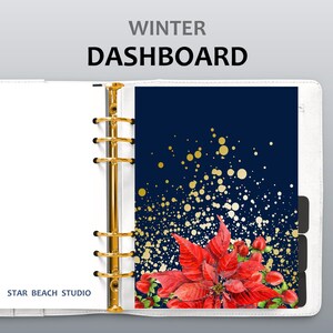 Natale Inverno Poinsettia Fiore con Bacche in Oro Planner Dashboard Stampabile, Lettera-A5-Mezza Lettera-Happy Planner-Personale-Formati A4