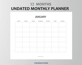 Undated monthly planner printable, Perpetual Blank Minimalist Landscape Calendar, Desk calendar, Sunday Start date, Letter - A4, goodnotes