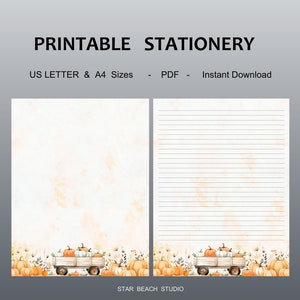 May include: Printable stationery featuring a watercolour illustration of a wagon filled with pumpkins and autumn foliage. The paper has lined writing space and a subtle watercolour background. The text "Printable Stationery" and "US Letter & A4 Sizes - PDF - Instant Download" is at the top of the image. The text "STAR BEACH STUDIO" is at the bottom of the image.