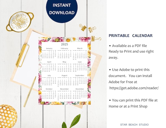 2025 Year Calendar Printable, Year at a Glance, 2025 Floral