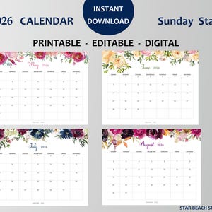 2026 Kalender DRUCKBAR, bearbeitbares PDF, 12-monatiger digitaler Blumenplaner, Wand-Tischkalender, Sun Start, Letter - A4-Größe, Goodnotes Bild 3