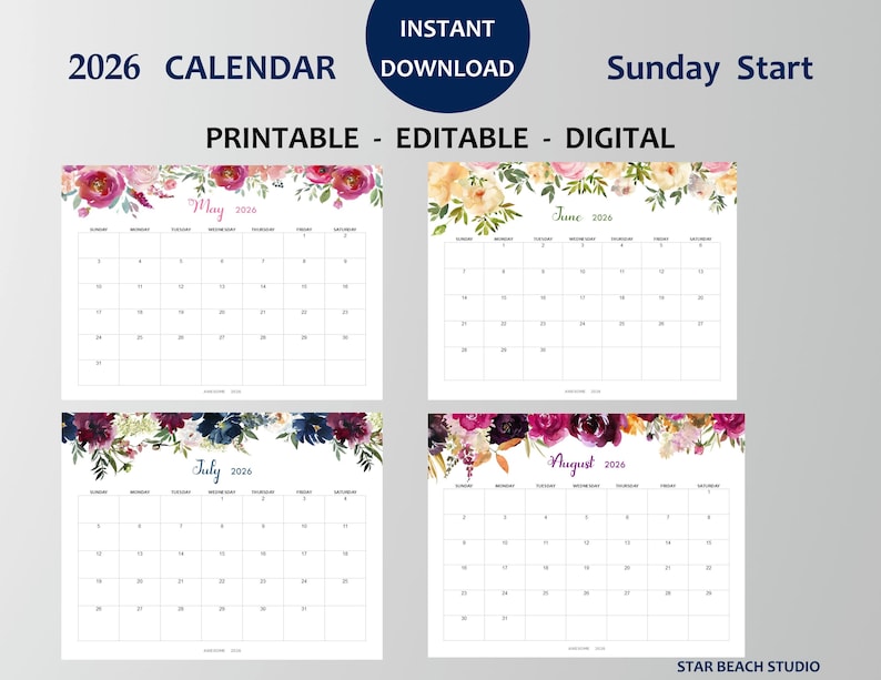 2026 Kalender DRUCKBAR, bearbeitbares PDF, 12-monatiger digitaler Blumenplaner, Wand-Tischkalender, Sun Start, Letter - A4-Größe, Goodnotes Bild 3