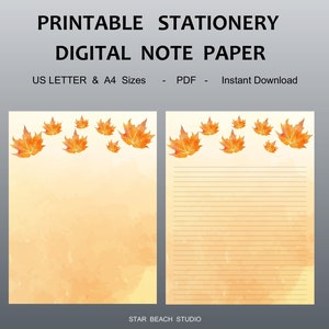 Autumn Leaves Printable Stationery, Fall Leaves Lined & Unlined Letter Writing Papers, Digital Note Paper, US Letter and A4 Sizes