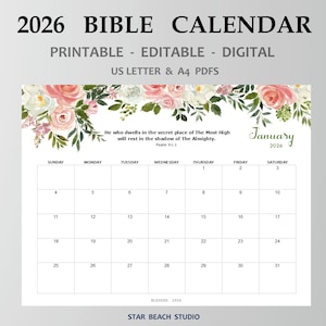 2026 Bible Verse Monthly Floral  Calendar PRINTABLE, Editable PDF, Digital Planner, Wall- Desk Calendar, Sunday Start, Letter- A4, goodnotes
