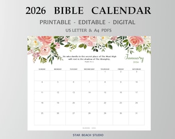 2026 Bibel-Vers-Monatskalender DRUCKBAR, bearbeitbare PDF-Datei, digitaler Planer, Wand-Tischkalender, Sonntagsstart, Letter-A4, Goodnotes